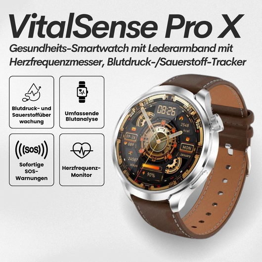 VitalSense Pro X - Gesundheits-Smartwatch mit Lederarmband (2024)