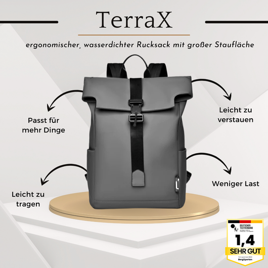 TerraX - ergonomischer, wasserdichter Rucksack mit großer Staufläche für Laptops und Utensilien