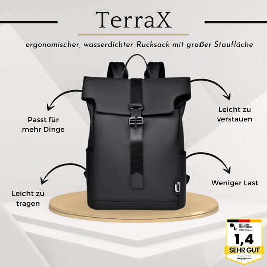 TerraX - ergonomischer, wasserdichter Rucksack mit großer Staufläche für Laptops und Utensilien