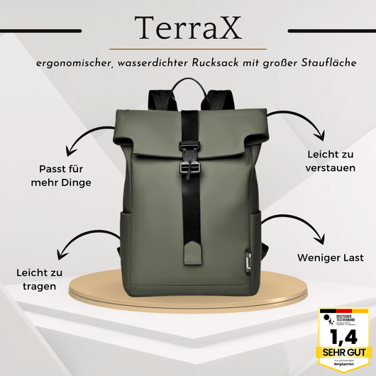 TerraX - ergonomischer, wasserdichter Rucksack mit großer Staufläche für Laptops und Utensilien