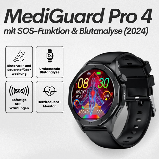 MediGuard Pro 4 mit SOS-Funktion inkl. Sturzerkennung & zertifizierte Blutzuckermessung (2024) - Original