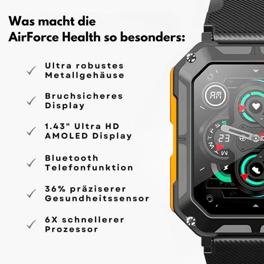 AirForce Health K52 - die unzerstörbare Militär-Smartwatch mit Echtzeit Herzfrequenzmesser, Blutdruck-/Sauerstoff-Tracker